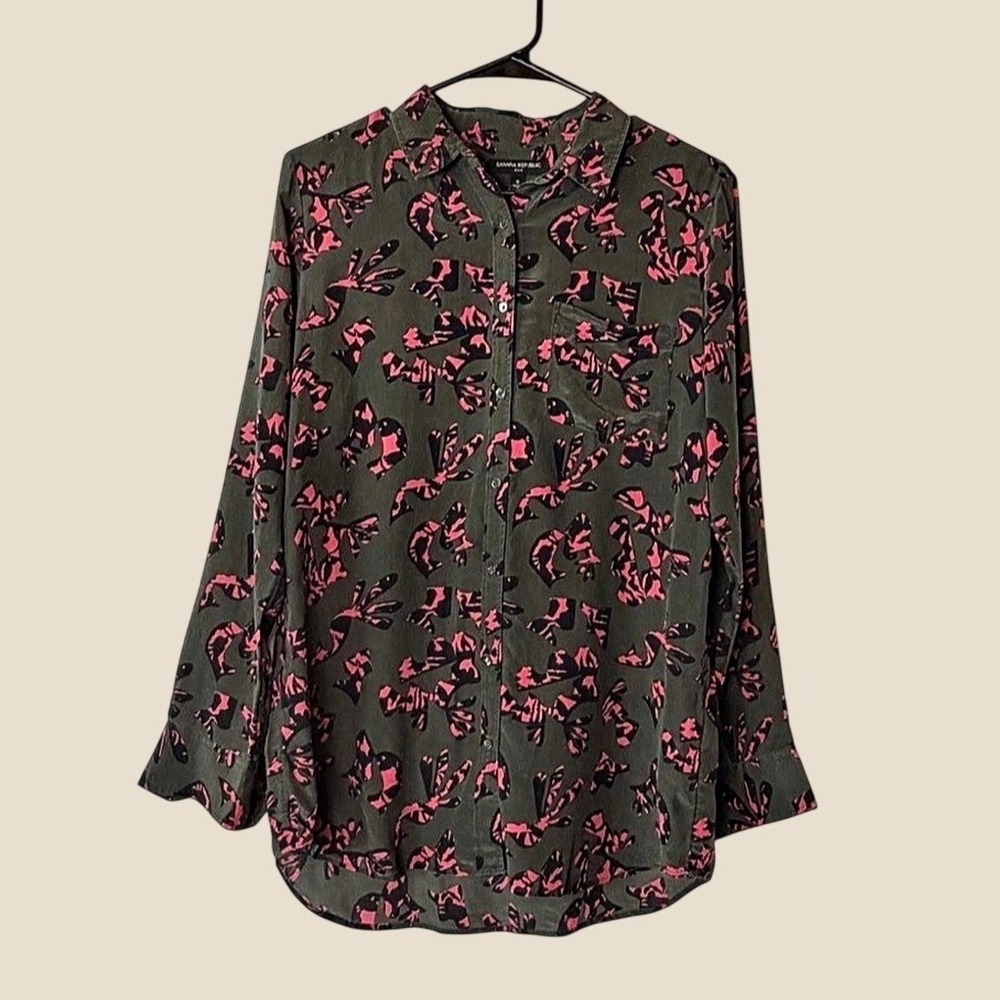 Banana Republic Large Silk Abstract Print Button Up Tunic Blouse Top Green Pink
